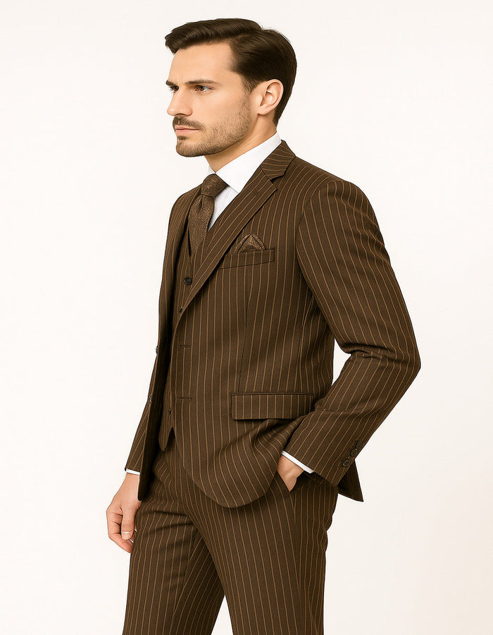 Brown Pinstripe 3-Piece Classic Suit