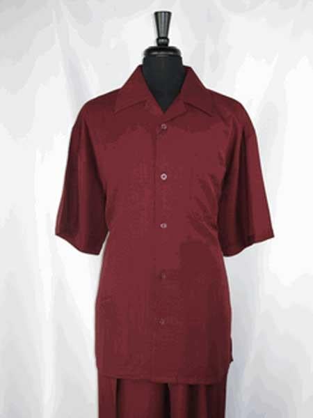 Burgundy ~ Wine ~ Maroon Color 5 Buttons Single Short Sleeve Casual Two Piece Walking Outfit For Sale Pant Sets Shirt With Pant Set