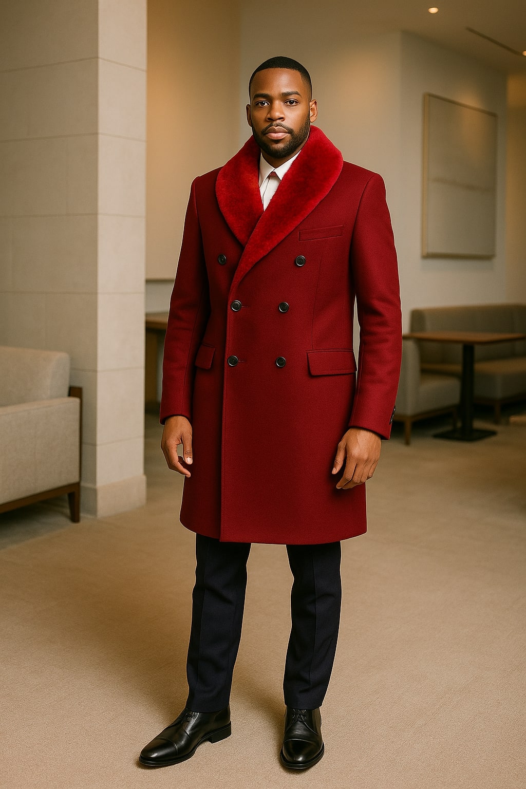 Double-Breasted Burgundy Overcoat with Faux Fur Shawl
