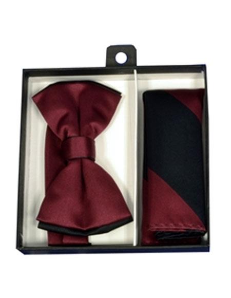 Men's Burgundy ~ Wine ~ Maroon Color/Black Polyester Satin dual colors classic Bowtie with hankie - Men's Neck Ties - Mens Dress Tie - Trendy Mens Ties