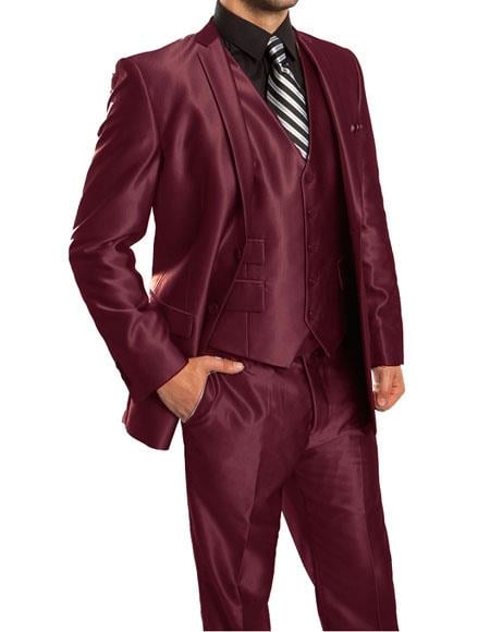 Men's Maroon 2 Button 3 Piece Suit - Sateen Suit - Shiny Suit - Side vents - Slim fit