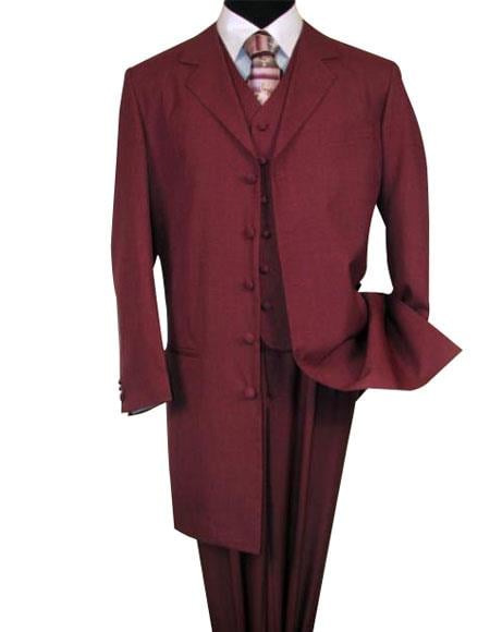 Burgundy ~Maroon Zoot Suit - Pimp Suit - Zuit Suit ~ Wine Color FASHION ZOOT 3 ~ Three Piece Suit 38'INCH LONG JACKET WITH COVERED BUTTON mensusa