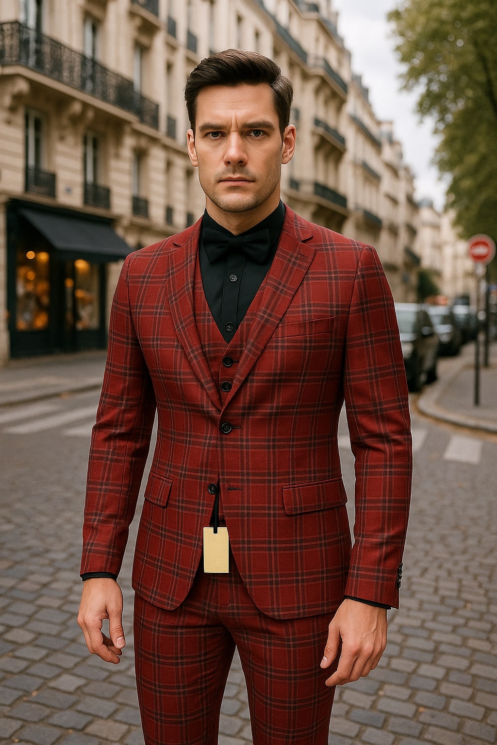 Burgundy Plaid Ultra Slim Fit Men's Three-Piece Suit