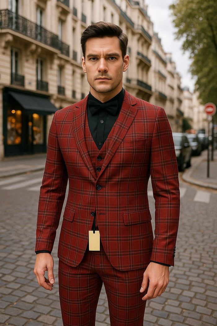 Red Tartan Christmas Suit - Holiday New Year Event Red with Gold Buttons Tuxedo Double Breasted Style