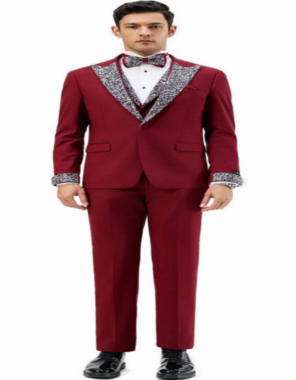 Burgundy Rhinestone sequin Lapel Prom Tuxedo