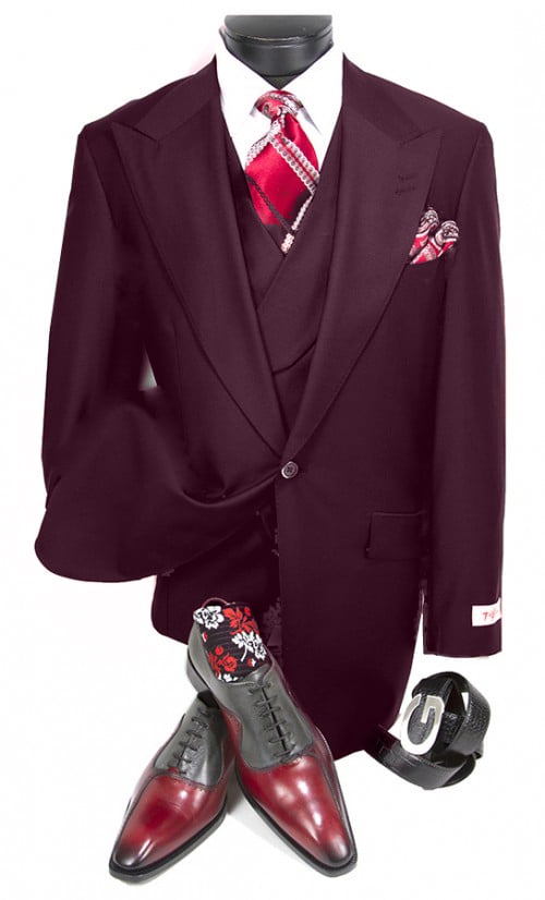 Burgundy Double Breasted Wool Suit with Slanted Vest