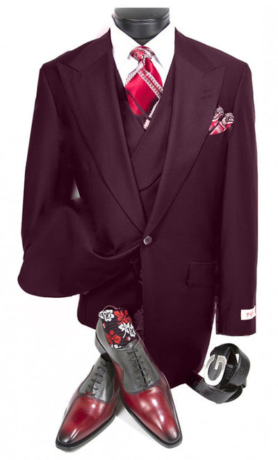 Burgundy Double Breasted Wool Suit with Slanted Vest