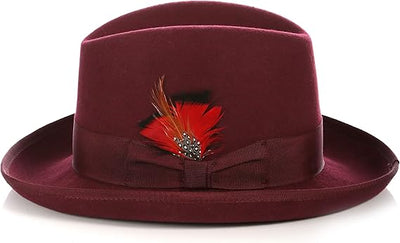 Gangster 100% Australian Wool Crushable Mens Fedora Hat - Removable Feather Gangster  Burgundy Mens Fedora Hat