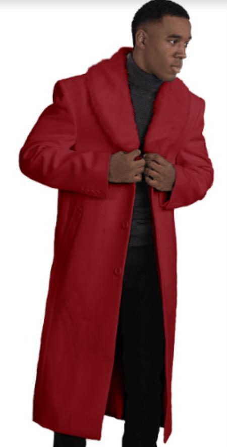 Burgundy Overcoat with Fur Collar for Men