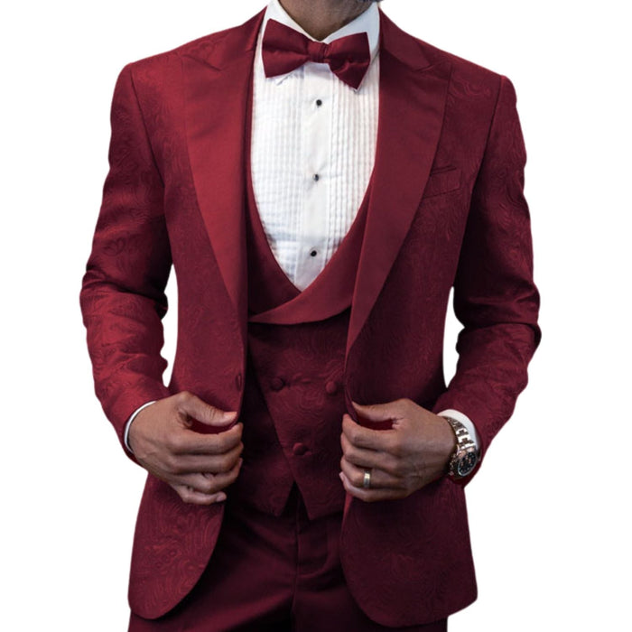 Men's Burgundy Peak Lapel 3-Piece Tuxedo