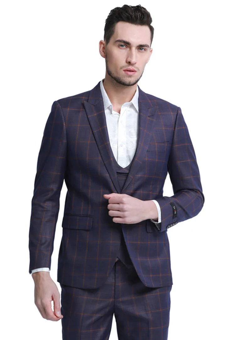 Men's Burgundy Plaid Suit with Double Breasted Vest