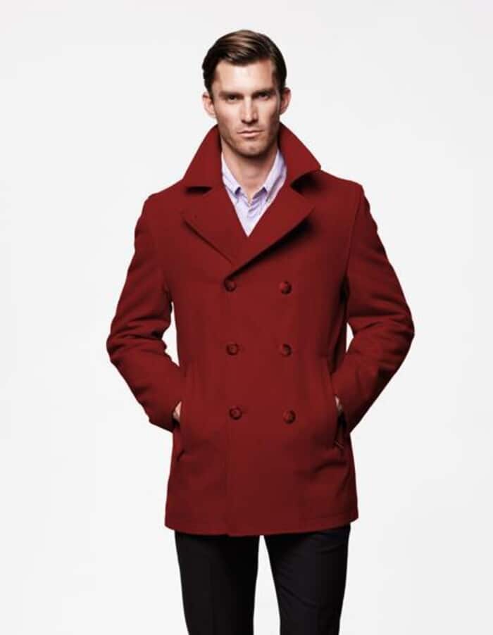Men's Burgundy Six Button Wool Peacoat Jacket