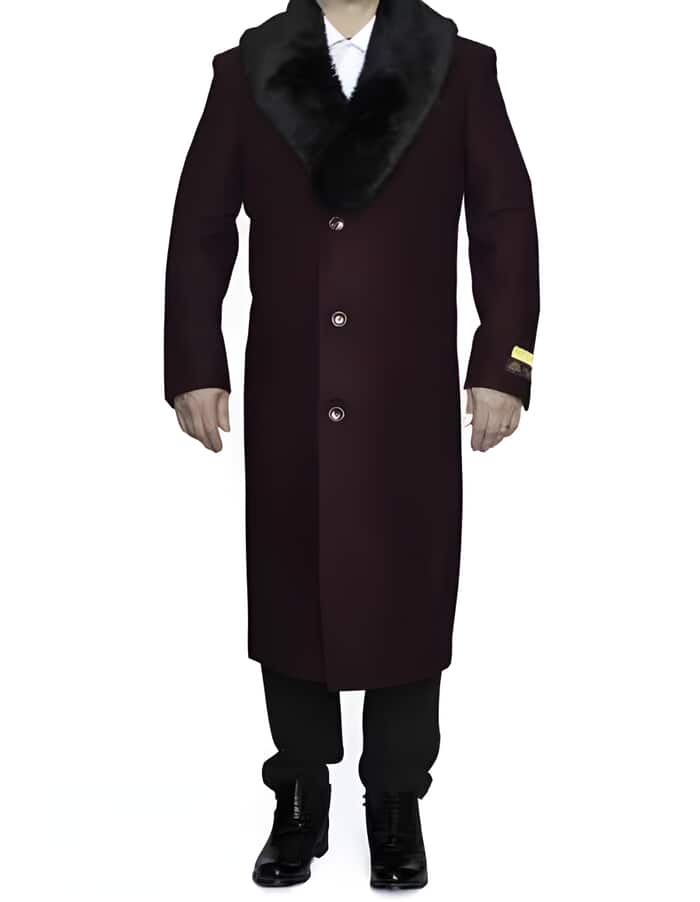 Burgundy Wool Full Length Dress Overcoat with Fur Collar