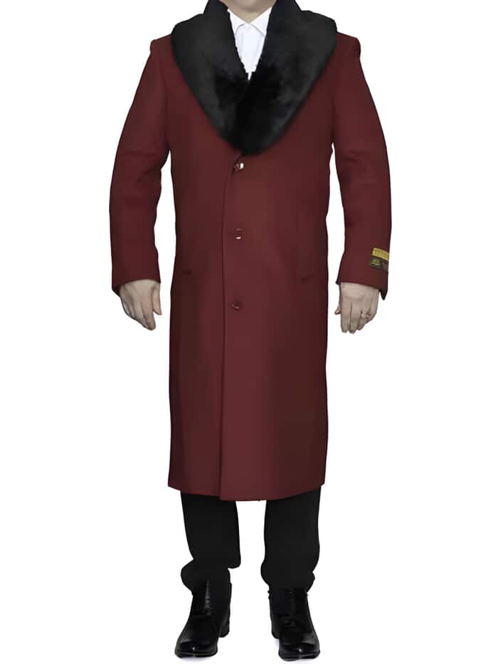 Burgundy Wool Overcoat with Removable Fur Collar