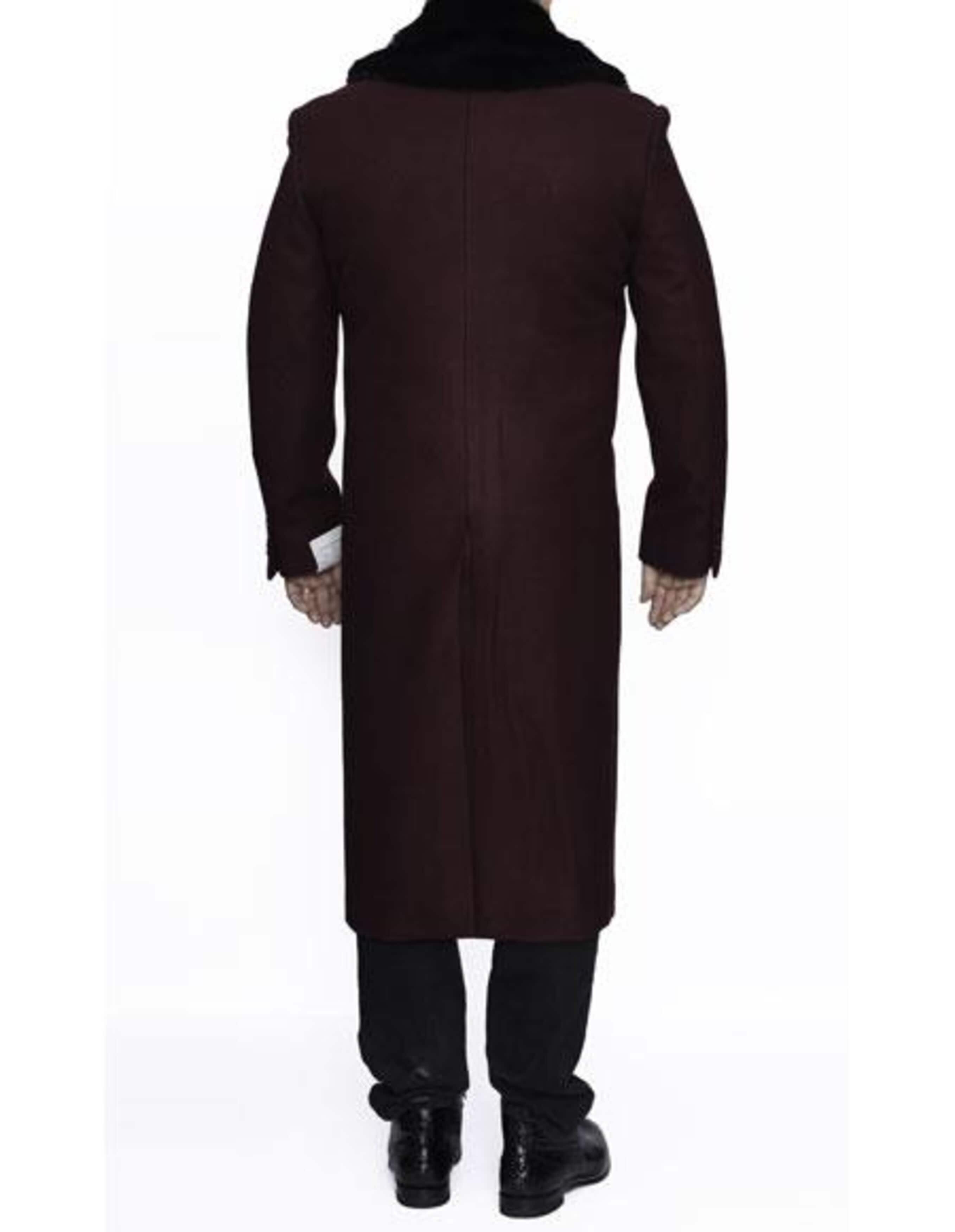 Burgundy Wool Full Length Dress Overcoat with Fur Collar