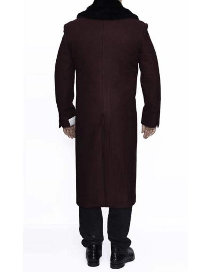 Burgundy Wool Full Length Dress Overcoat with Fur Collar