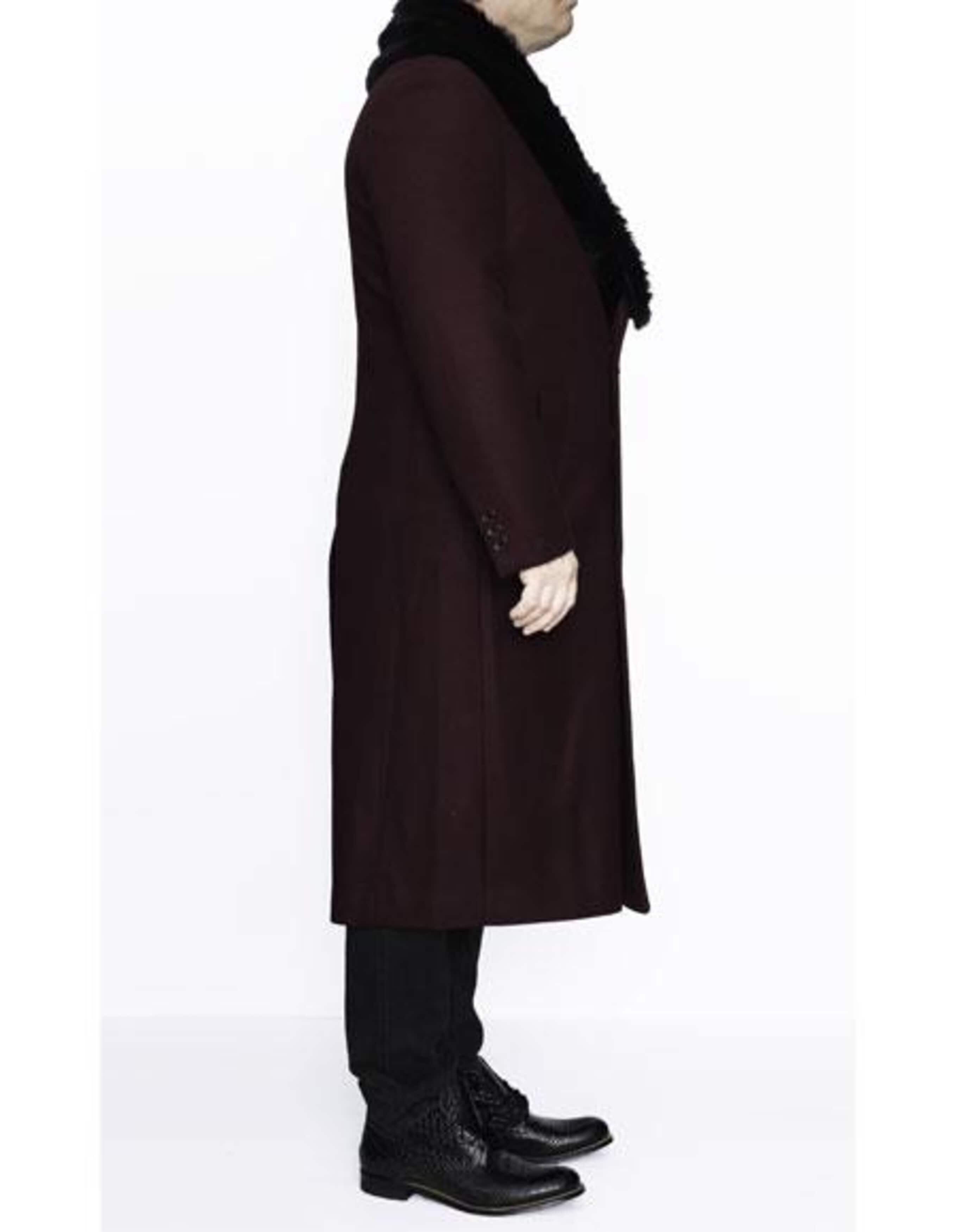 Burgundy Wool Full Length Dress Overcoat with Fur Collar