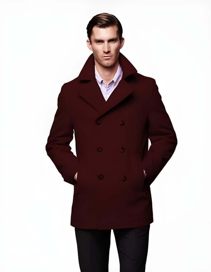 Men's Wool Double Breasted Peacoat - Dark Burgundy