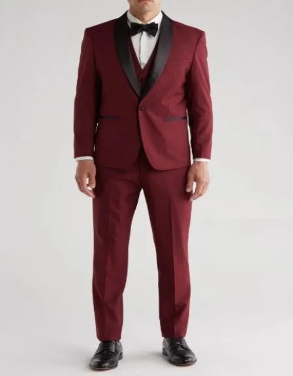 Burgundy Shawl Collar Vested Tuxedo Suit