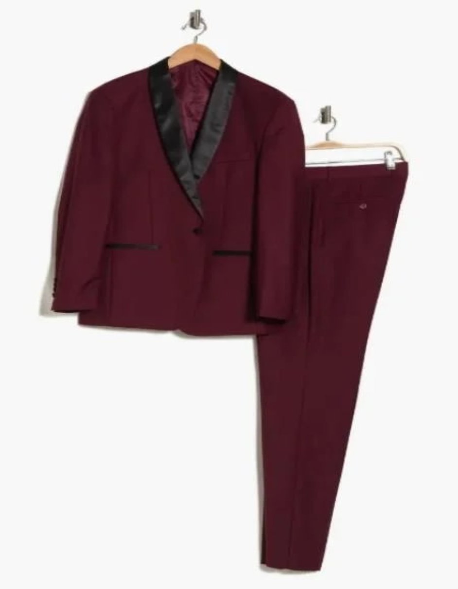 Burgundy Shawl Collar Vested Tuxedo Suit