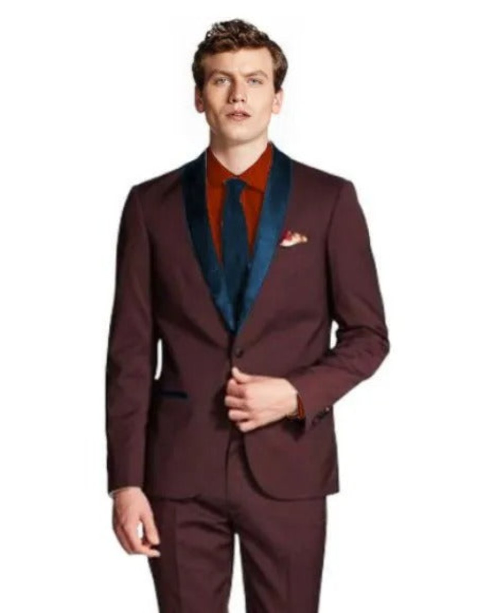 Burgundy Tuxedo with Shawl Lapel - Men's Maroon/Navy