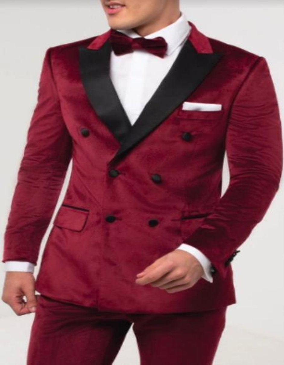 Burgundy Velvet Double Breasted Slim Tuxedo