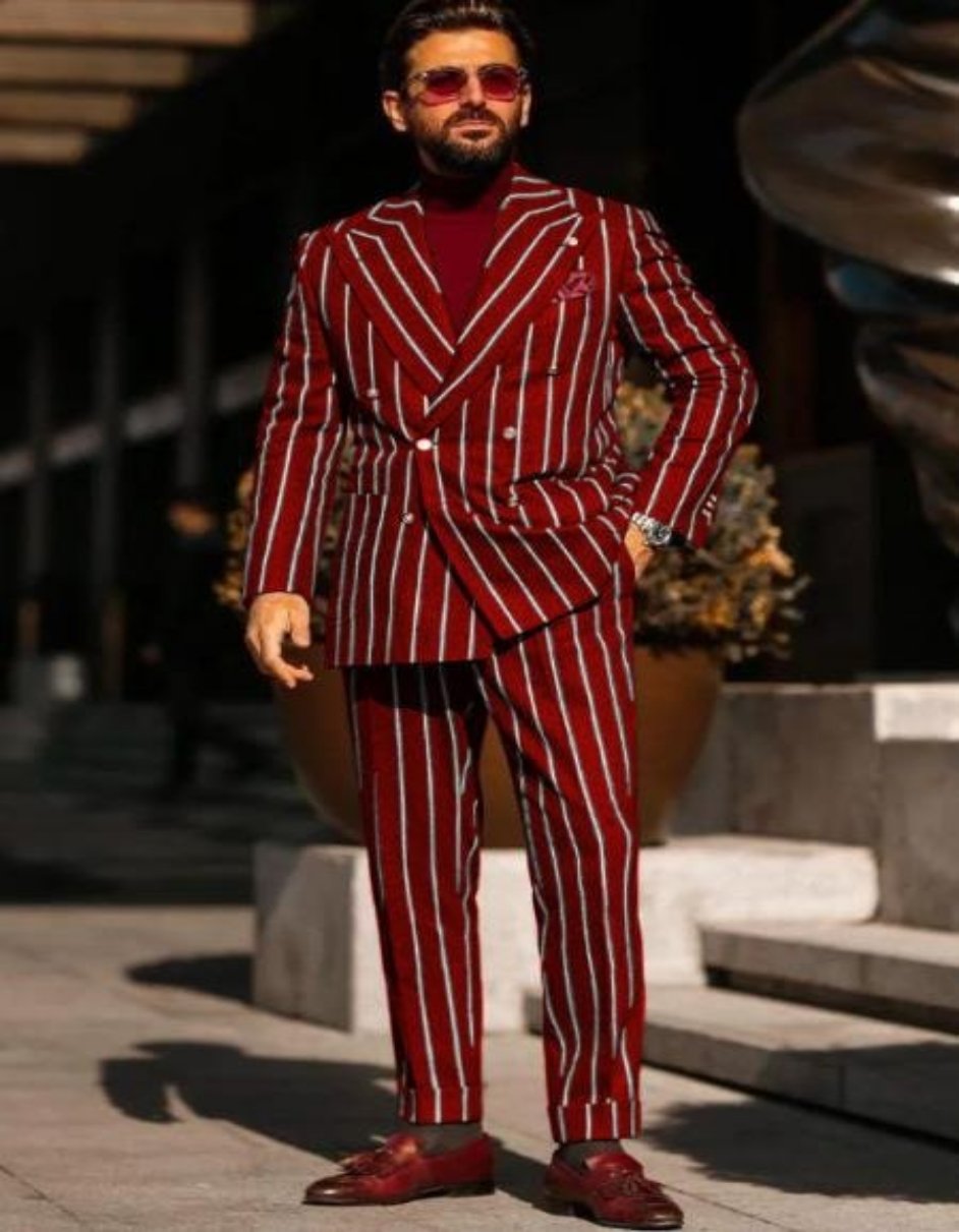 Burgundy 1920s Double Breasted Pinstripe Suit