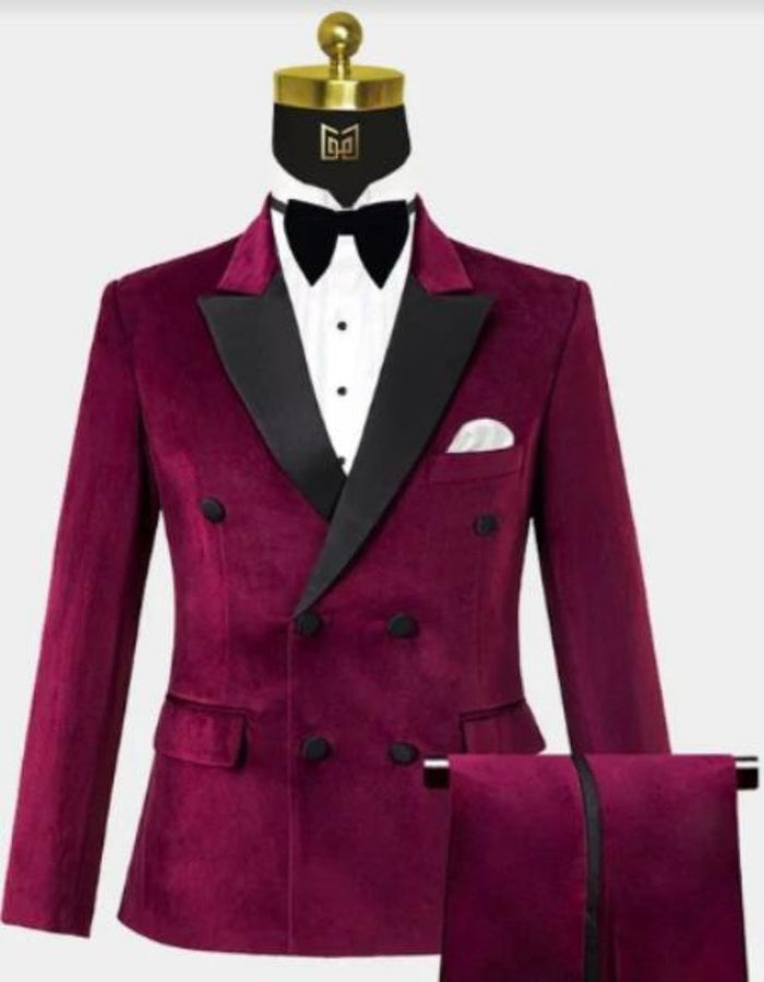 Men's Burgundy Velvet Double Breasted Tuxedo