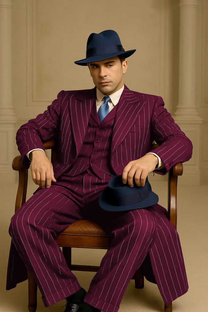 Men’s Burgundy Pinstripe Suit - Long Coat Style