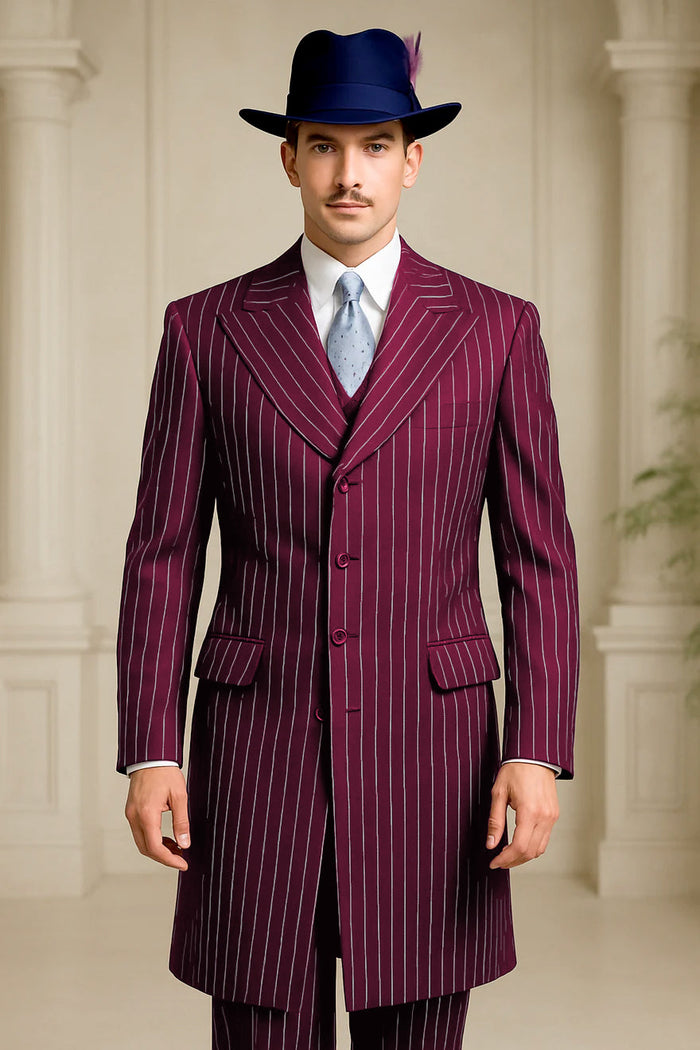 Men’s Burgundy Pinstripe Suit - Long Coat Style