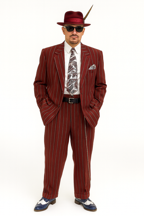 Burgundy Pinstripe Zoot Suit 3 Piece 1920s/1930s Gangster Outfit (Jacket and Pants and Vest)  Vintage Fashion