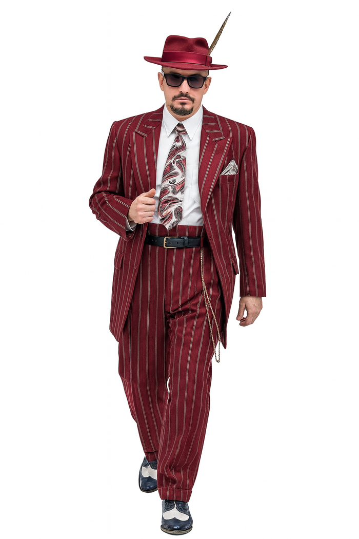 Burgundy Pinstripe 1920s Zoot Suit-3 Piece Set