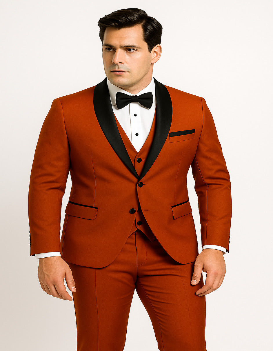 Burnt Orange 3-Piece Slim Tuxedo, Satin Shawl Lapel