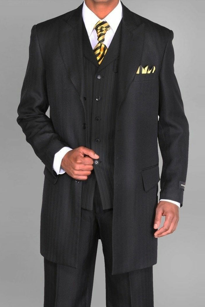 Mens Vested Peak Lapel Fashion Herringbone Zoot Suit in Black