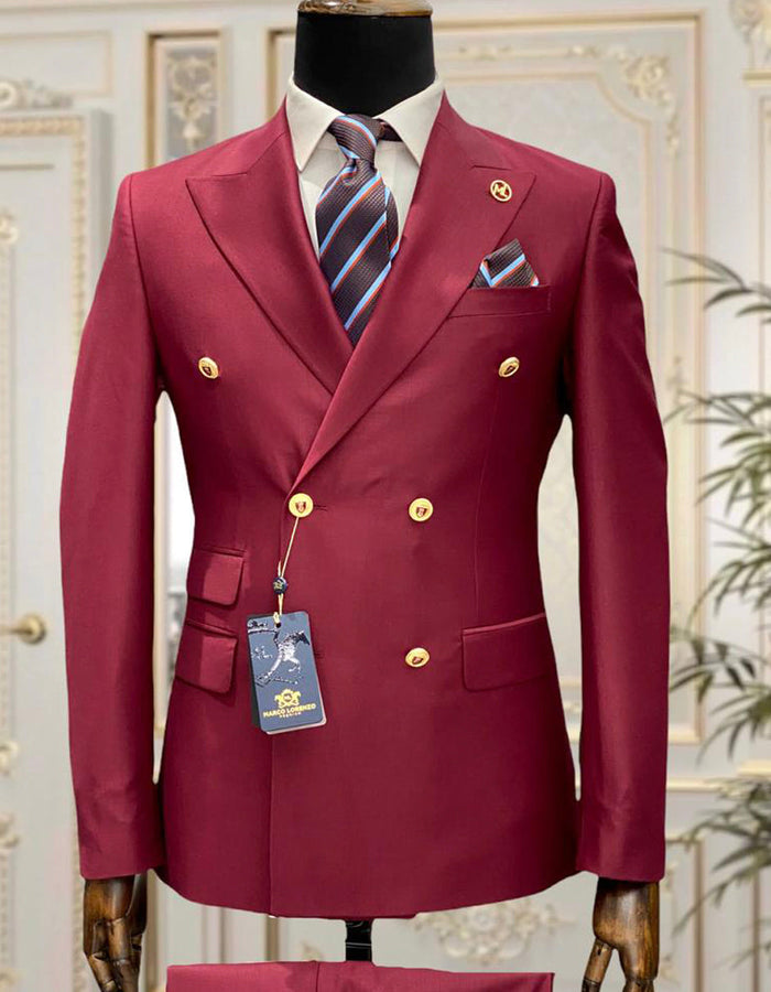 Men’s Burgundy Double Breasted Wool Suit with Gold Buttons, Modern Formal Wedding Business Suit