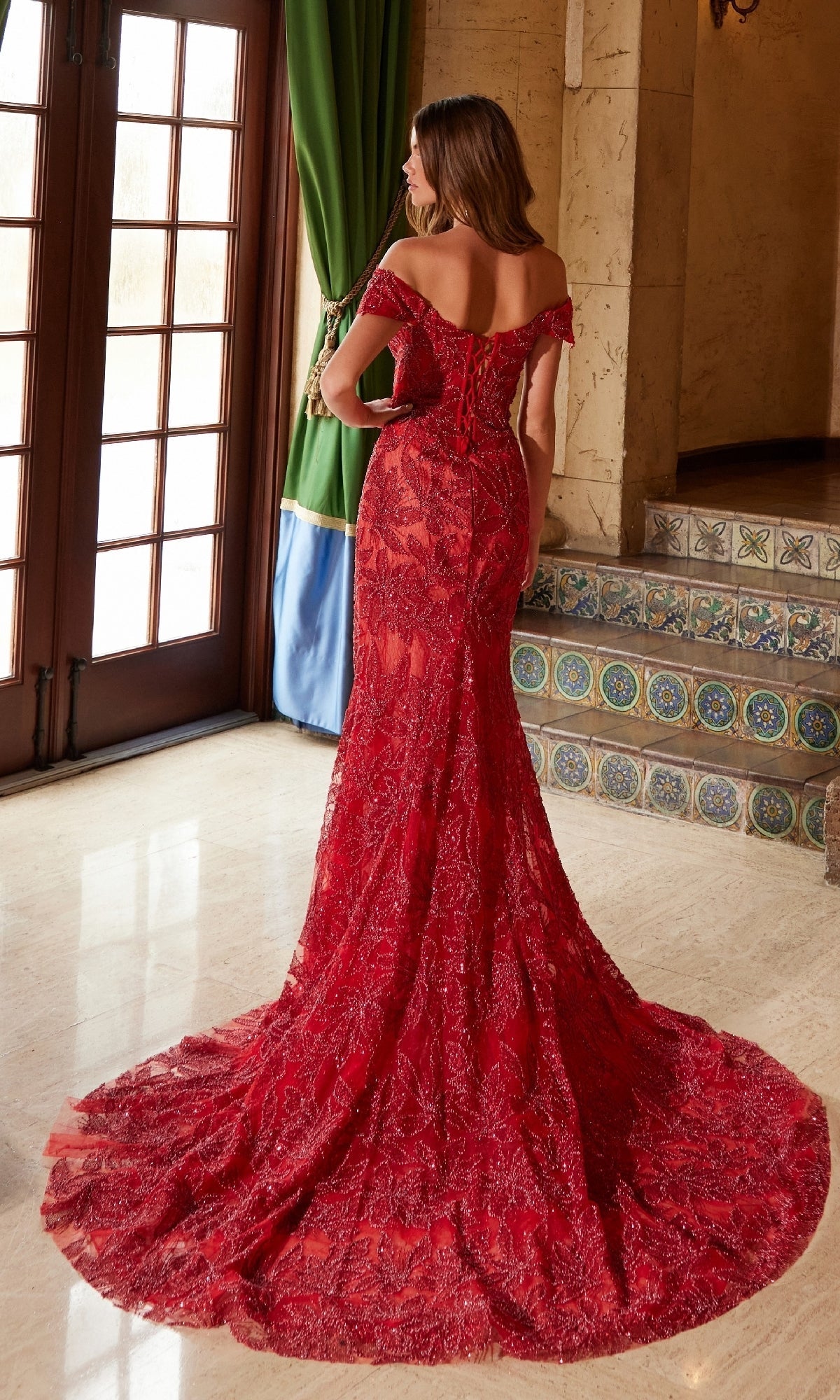 Nox Anabel C1600 Stunning Lace-Up Beaded Prom Gown