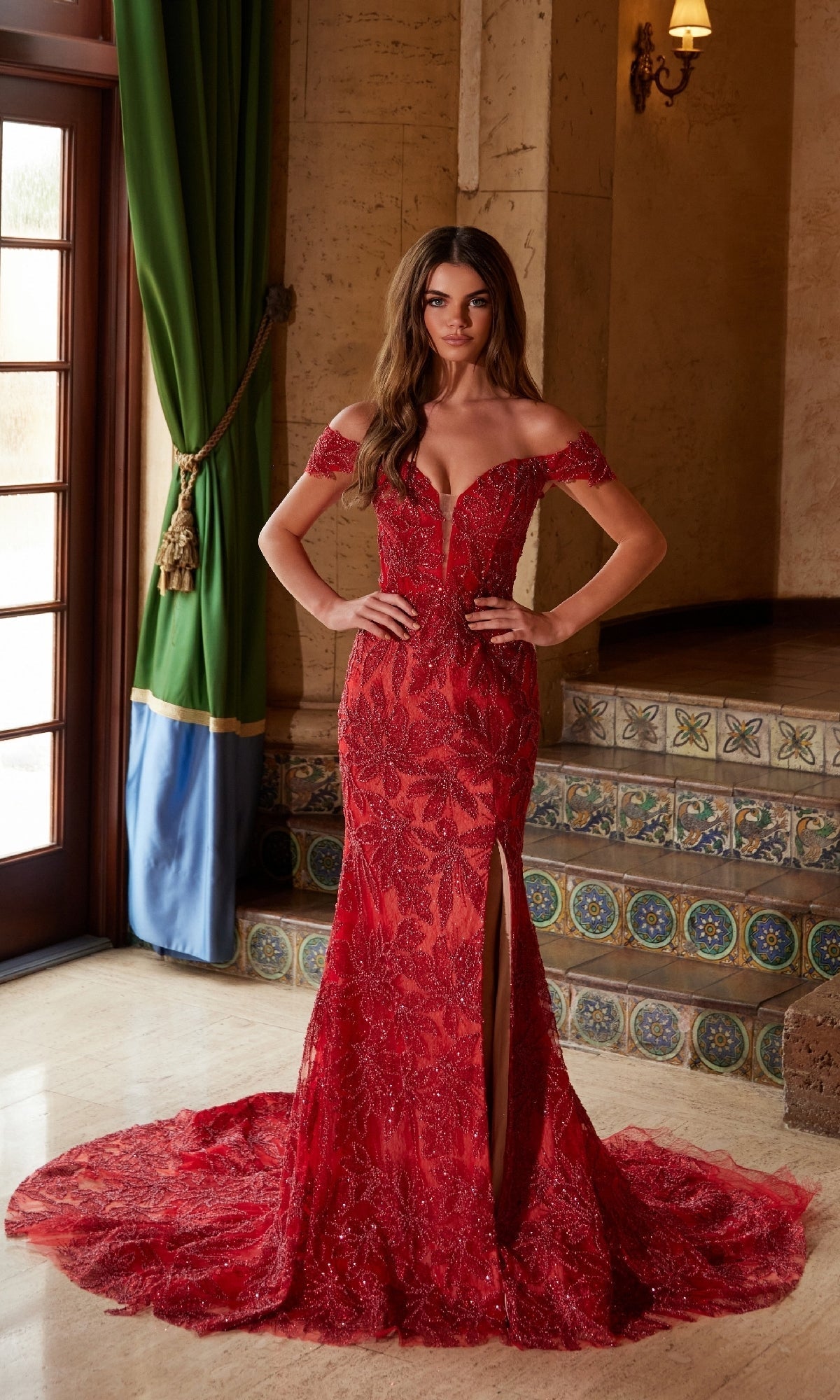 Nox Anabel C1600 Stunning Lace-Up Beaded Prom Gown