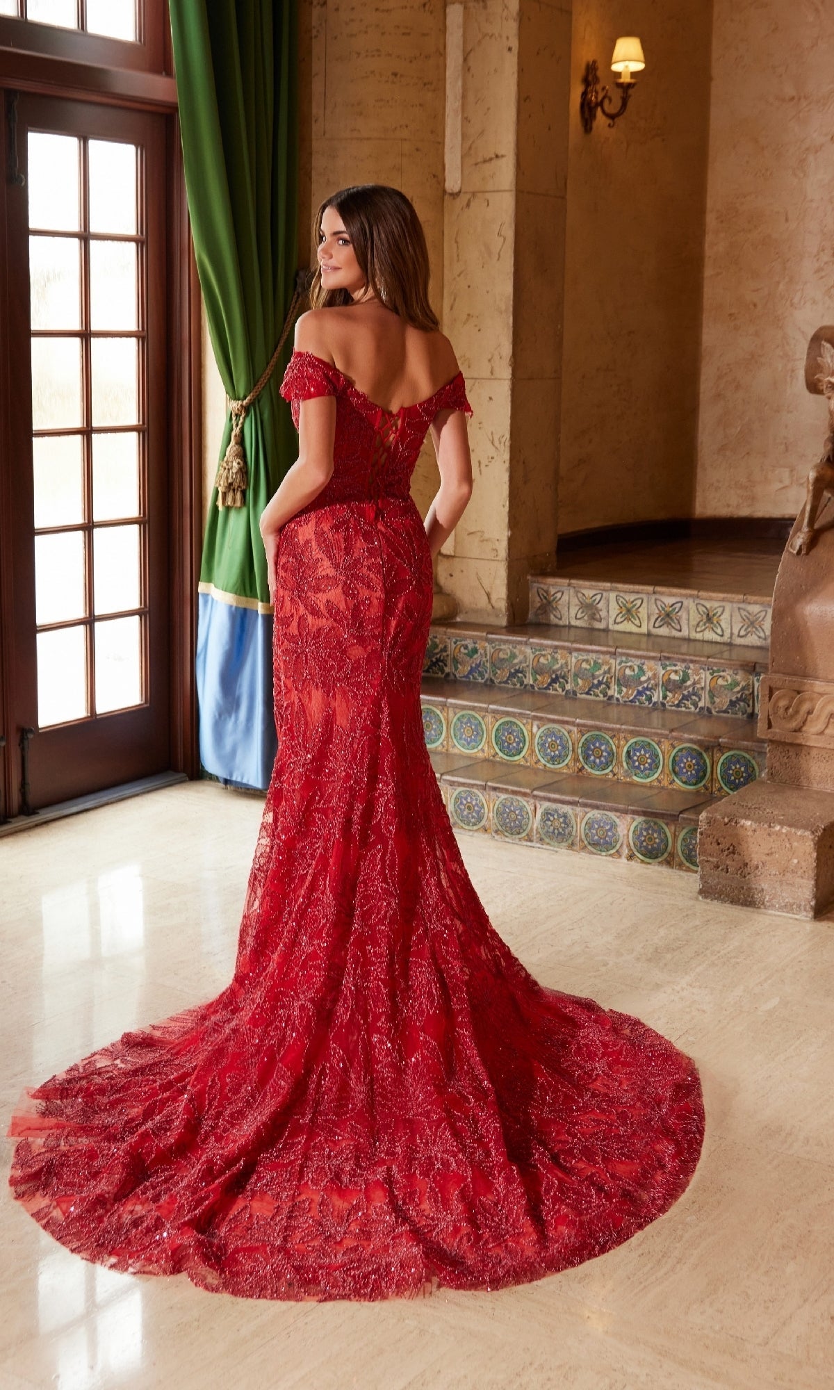 Nox Anabel C1600 Stunning Lace-Up Beaded Prom Gown