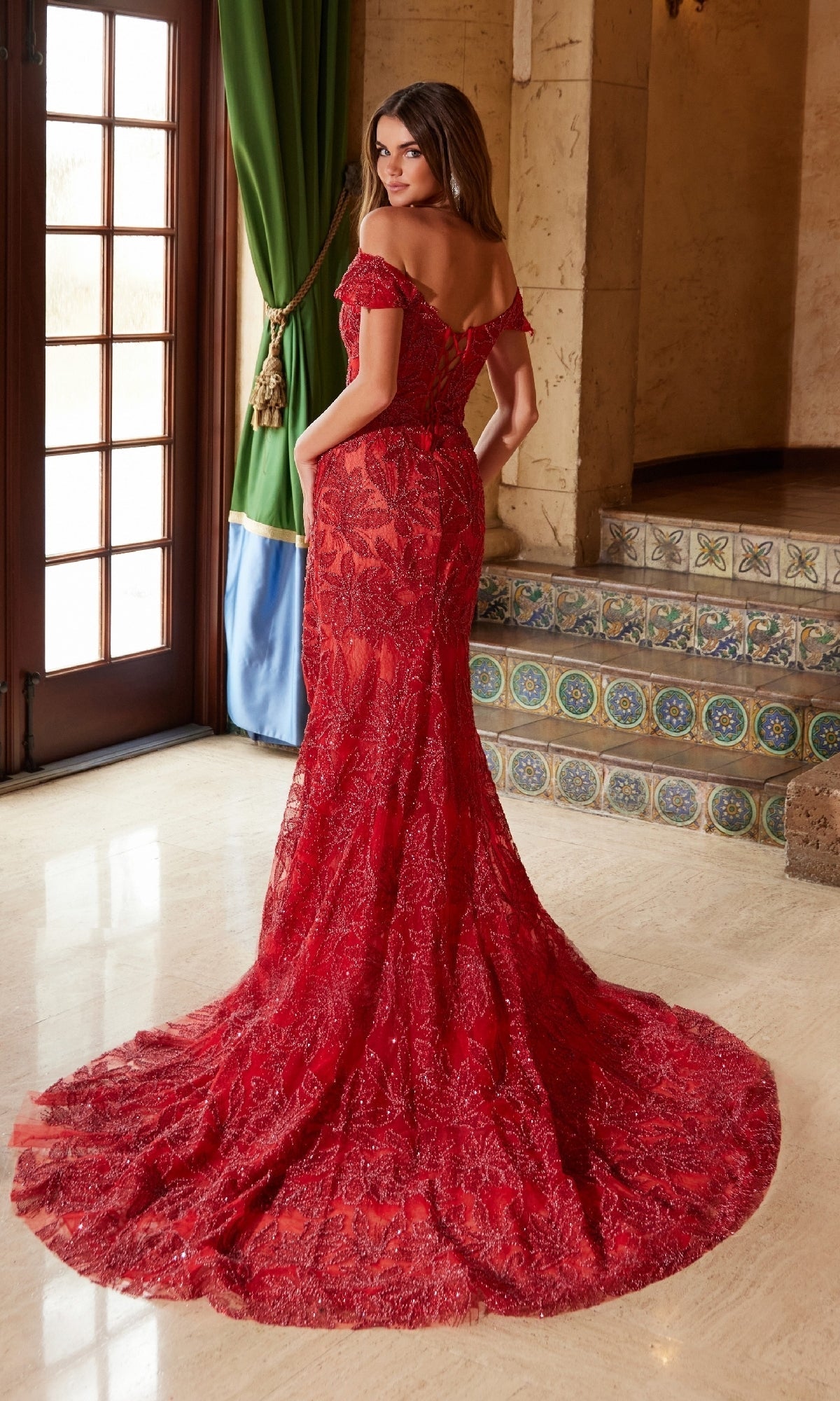 Nox Anabel C1600 Stunning Lace-Up Beaded Prom Gown