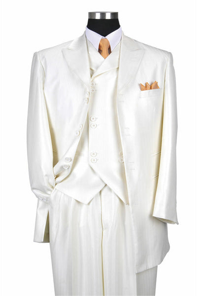 Mens Vested Peak Lapel Herringbone Ton on Ton Stripe Fashion Zoot Suit in Cream