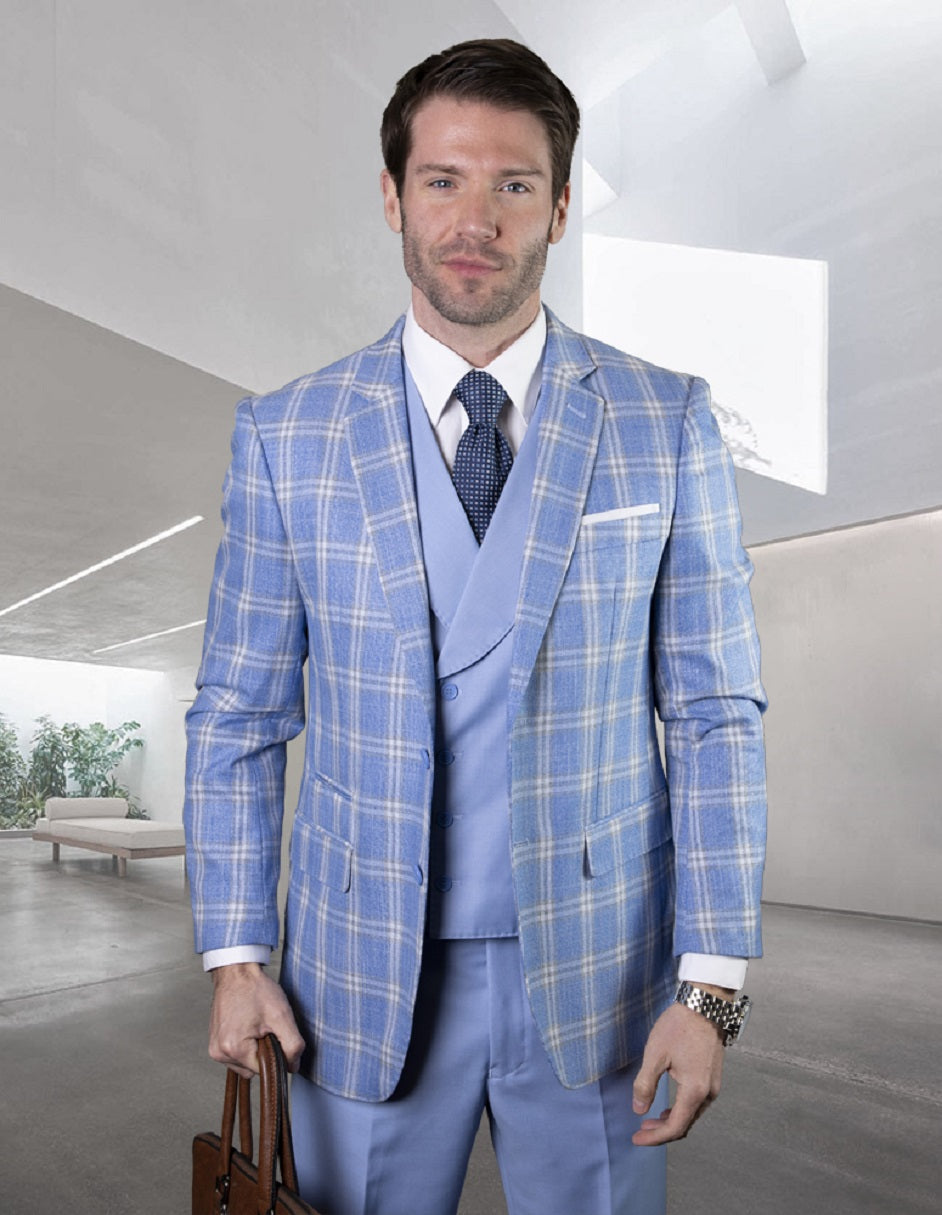 Light Blue Plaid Double Breasted Vest Suit