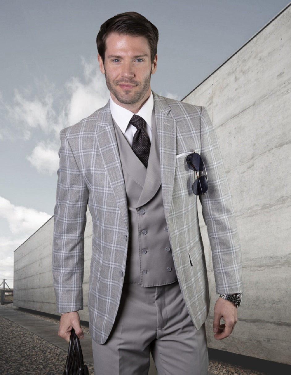 Grey Plaid Double Breasted Vest Suit - Classic Fit