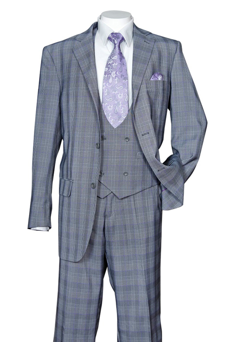 2 Button Plaid Double Breasted Scoop Vest Suit Grey
