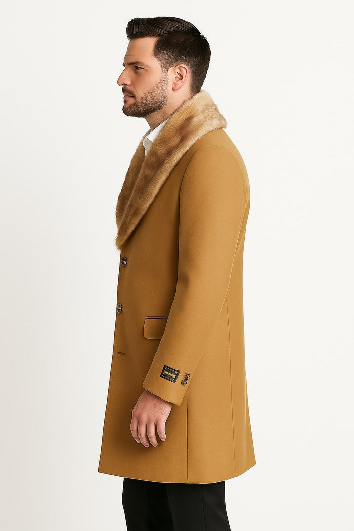 Camel Wool Overcoat with Faux Fur Collar