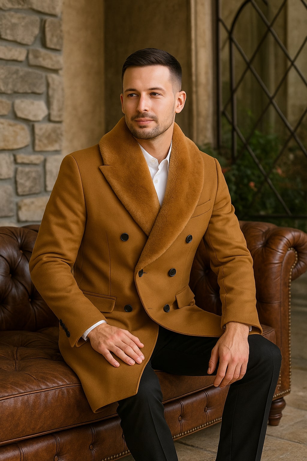 Camel Wool Overcoat with Faux Fur Shawl Collar