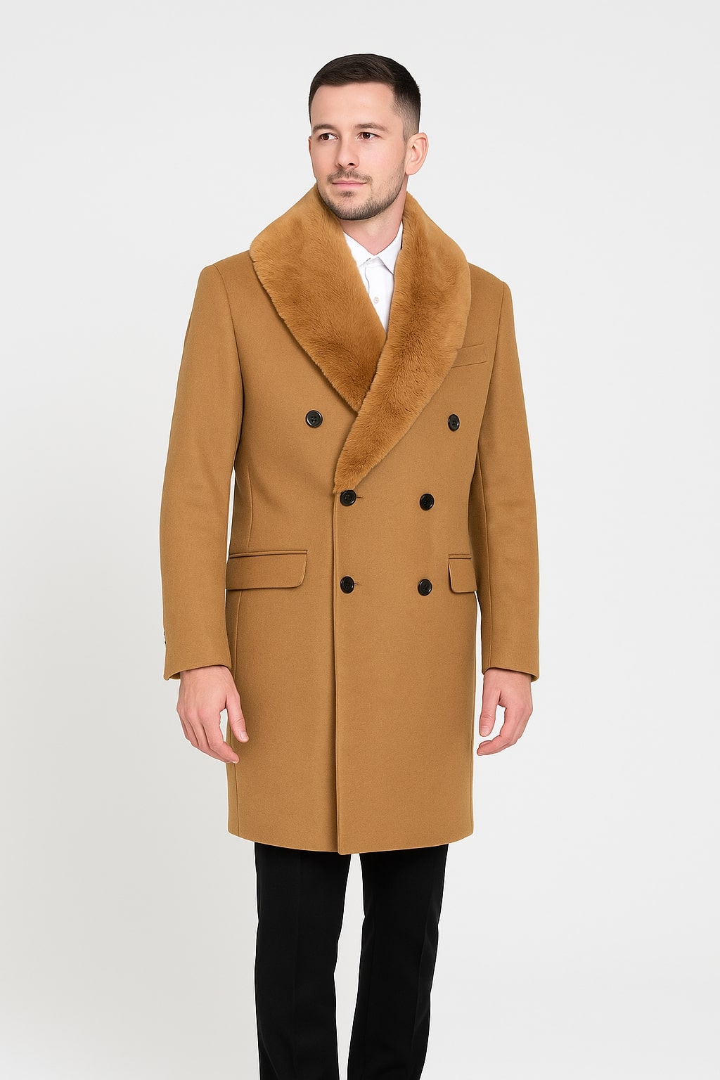 Camel Wool Overcoat with Faux Fur Shawl Collar