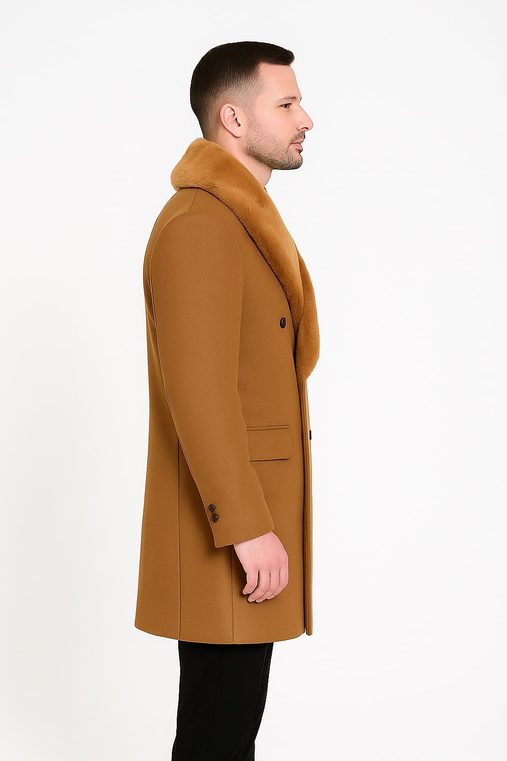 Camel Wool Overcoat with Faux Fur Shawl Collar