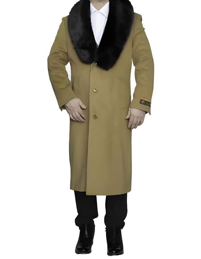 Camel Wool Overcoat with Removable Fur Collar