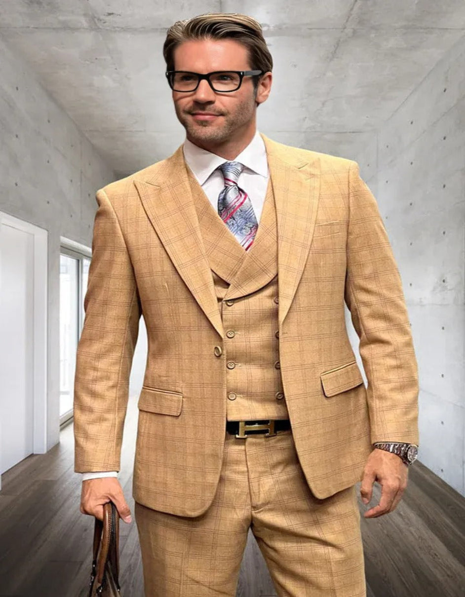 Men's Camel Wool Windowpane Double Breasted Suit
