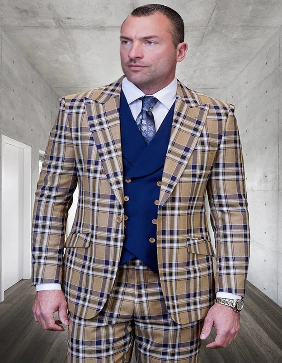Camel Windowpane Wool Vested Suit with Peak Lapel
